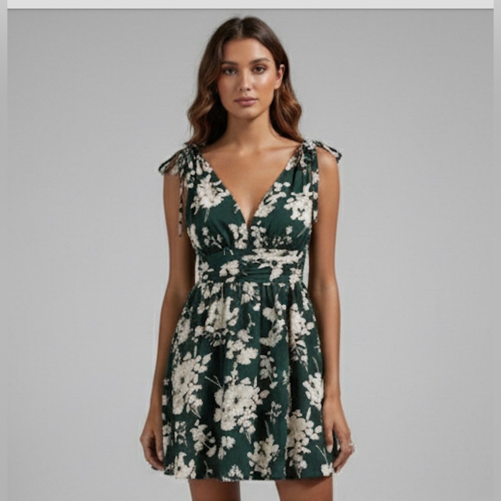 Boho Floral Print Plunging Neck Shirred Back Dress - Picture 4 of 8
